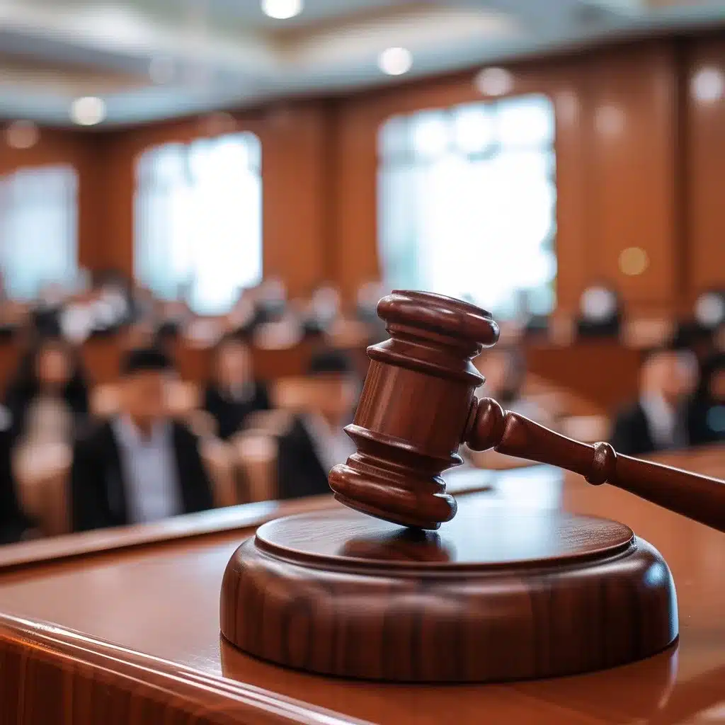 A close-up view of a wooden gavel set solidly upon its base in the foreground, with the blurred backdrop of a courtroom. The gavel, a hallmark of the legal system, represents the authority and decorum of judicial proceedings. It sits ready for the judge to call the court to order or signal the finality of a decision. The courtroom's dignified ambiance, indicated by the orderly arranged seating and participatory audience, reinforces the gravity of judicial deliberation and the pursuit of justice.