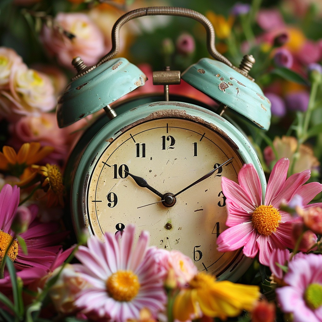 A classic alarm clock sits amidst blooming flowers with the golden sunrise in the background.