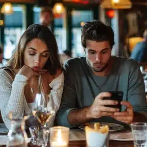 In the dimly lit ambiance of a cozy restaurant, a young couple experiences a modern dining dilemma. The woman seems lost in thought, her chin resting on her hand, while the man is deeply engrossed in his smartphone, oblivious to the world around him. Despite the romantic setup with candles and elegant glassware on the table, the digital world competes for their attention, highlighting a common social scenario in today's tech-saturated society.