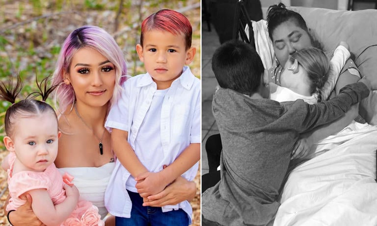Spilt Image of Erika Diarte-Carr and her two small children before and during cancer journey/DailyMail