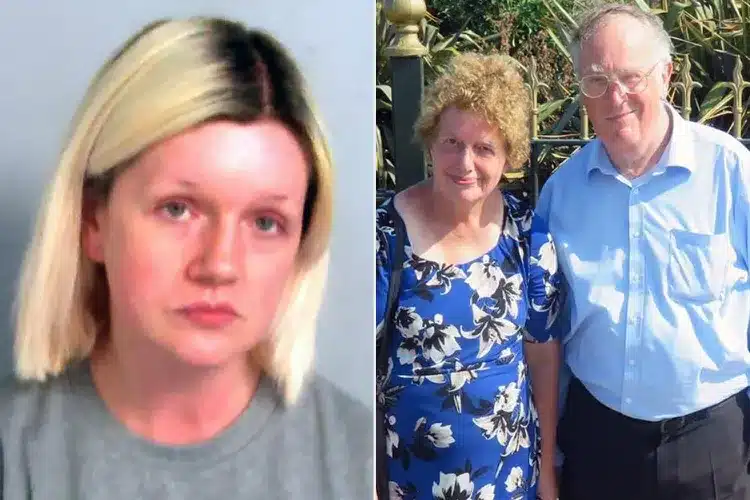 Virginia McCullough's booking photo (right) alongside a photo of her parents, Lois and John McCullough, before the shocking crime.